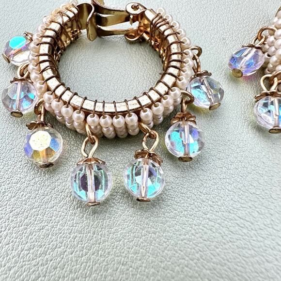 Vintage Miriam Haskell Hoop Earrings Faux Pearls & AB Crystal Drops 1969s Hoops - Picture 4 of 10